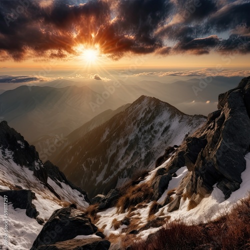 Sunrise over Majestic Mountain Peaks - A Breathtaking Nature View, Generative AI