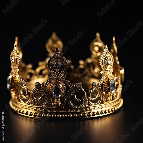 Regal Symbols of Monarchy: Shining Gold Crown on Isolated Black Background: Generative AI