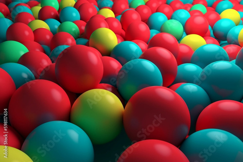 Light background with colored blue yellow red balls. Abstraction 3d round spheres, blur effect. Geometric design circle shapes background wallpaper, generative ai.