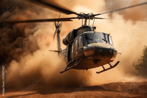 Fototapet Military chopper crosses crosses fire and smoke in the desert, heroic battle sce