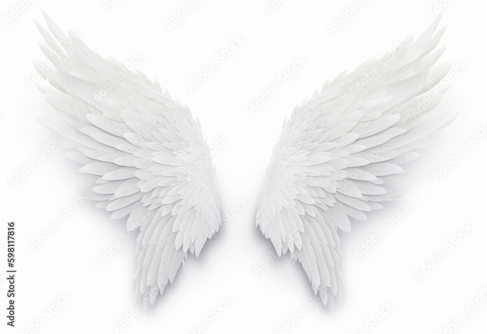 White angel wing isolated on white background, pair of white isolated angel style wings with 3D, generative ai White angel wing isolated on white background, pair of white isolated angel style wings with 3D, generative ai
