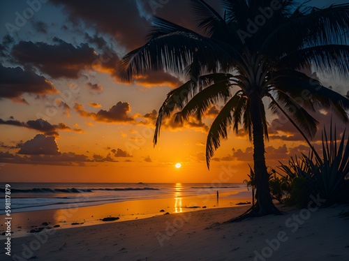 Island Paradise: A Serene Sunset Silhouette of Palm Trees on a Tropical Beach. AI generated