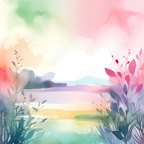 Mountain lake Nature Watercolor. Generative AI © Darwis
