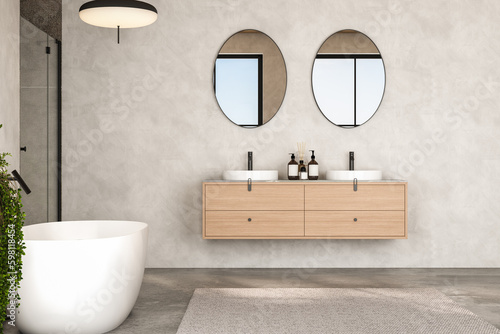 Stampa su tela Modern beige bathroom interior with double sink and mirrors, carpet on concrete floor, bathtub, shower area, plants