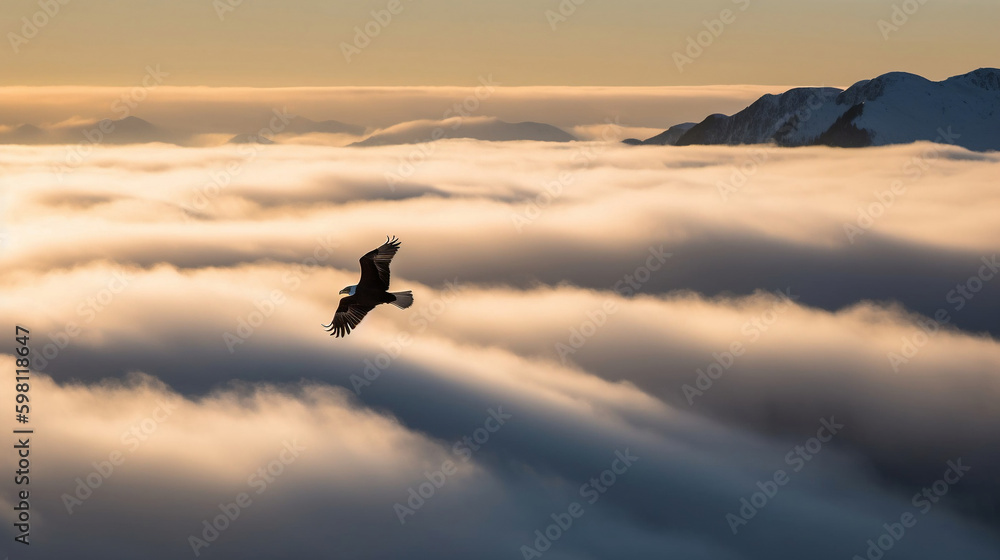 Fototapeta premium Eagle in flight above the clouds, Generative Ai