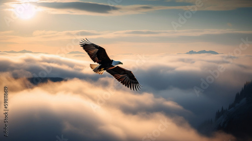 Eagle in flight above the clouds, Generative Ai