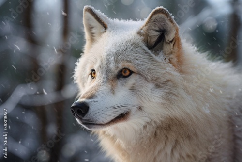 Closeup of a white arctic timber wolf in the snow illustrated with generative AI