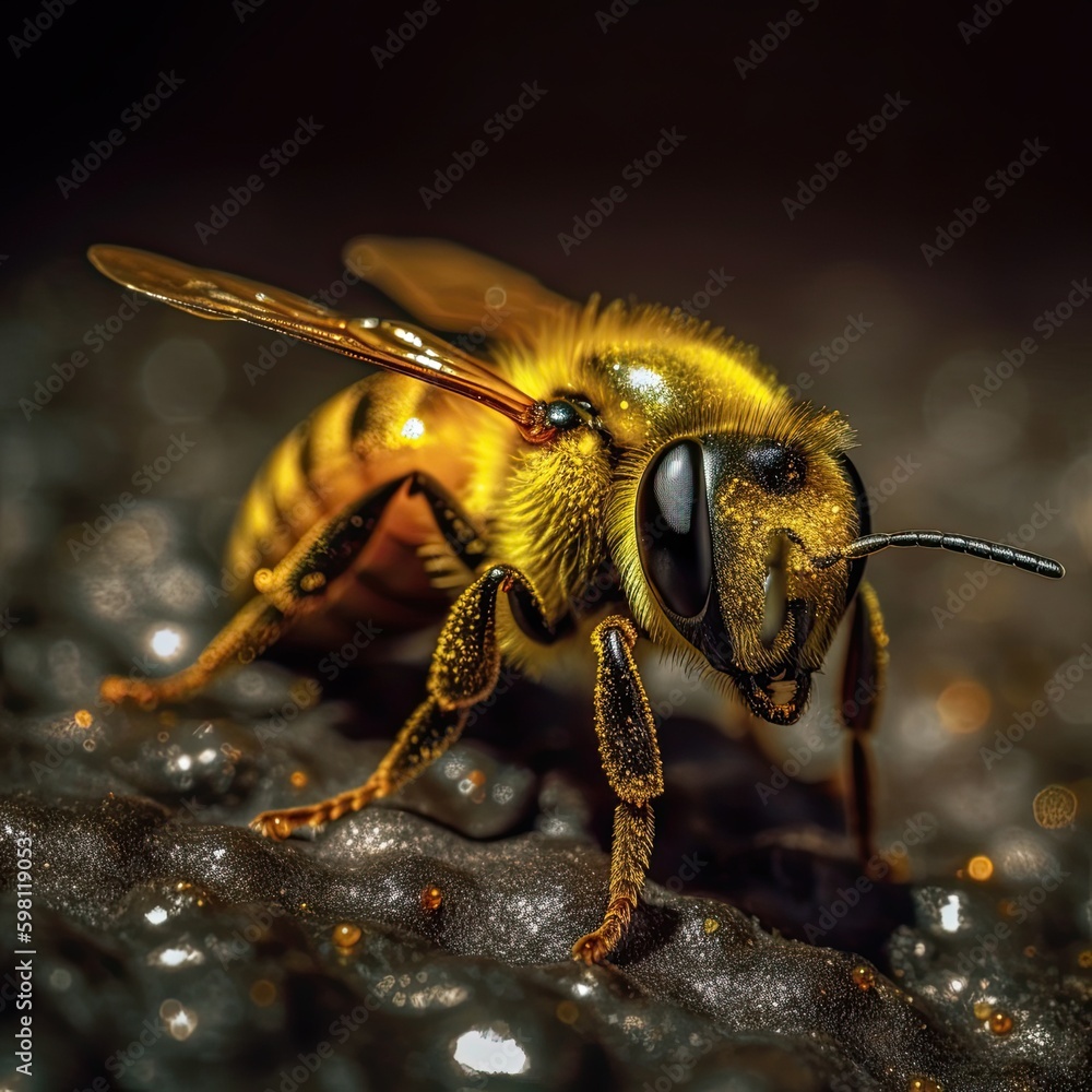 Close-Up of a Busy Bee Fluttering on Gold Glitter: A Spectacular Macro Shot of an Insect Pollinating: Generative AI Close-Up of a Busy Bee Fluttering on Gold Glitter: A Spectacular Macro Shot of an Insect Pollinating: Generative AI