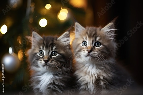Adorable Kittens Making Christmas Merrier: 3 Felinos in Front of a Festive Tree: Generative AI photo