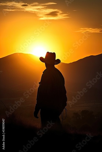 Evening Sky Aglow: Silhouette of a Cowboy in the Sunset: Generative AI