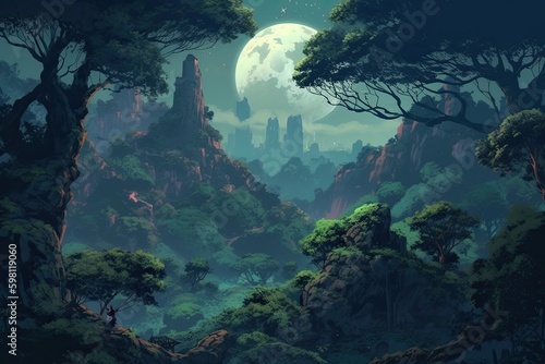 Full Moon Over the Anime-Styled Superb Landscape: A Dreamy 90s Illustration of Nature and Forests: Generative AI