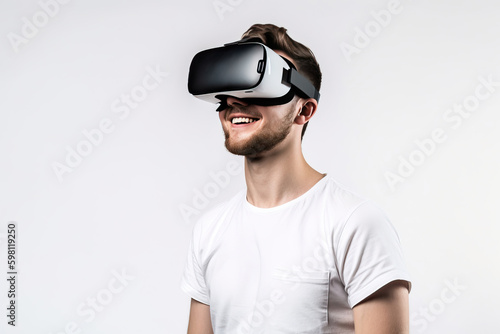 Young man in virtual reality glasses on a white background, portrait of a man in virtual reality glasses, generative AI.