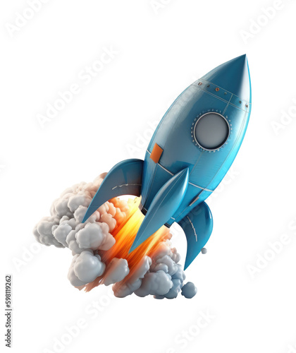 Blue rocket takes off isolated on white, transparent background, PNG, generative ai