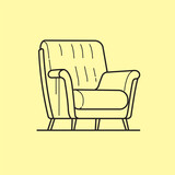 A drawing of an arm chair with a yellow background flat line art illustration