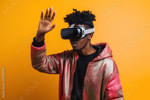 African american man on a yellow background in vr glasses trying to touch something with hand, playing video games with virtual reality headset.