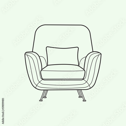 A modern arm  chair with a pillow on it minimal flat line art illustration
