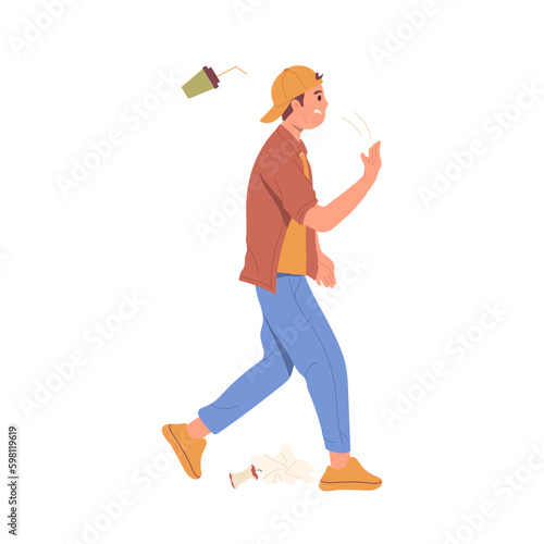 Teenager boy littering on street throwing away empty takeaway coffee cup vector illustration Generative AI