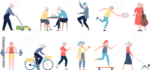 Flat elderly people, old happy senior graphic person. Modern diverse grandparents, diverse modern retirement woman and man recent vector set