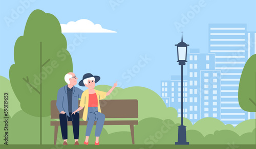 Senior couple park, cute elderly grandparents relaxing on nature. Pension time, woman man sitting on bench together, flat recent vector scene
