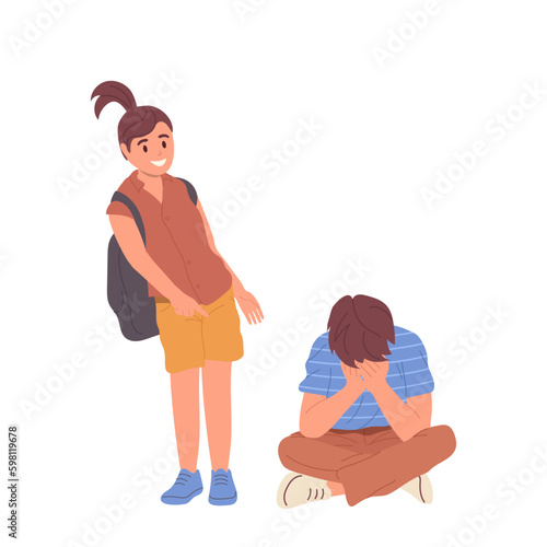 Sad stressed little school boy feeling bullied from girl friend or classmate vector illustration Generative AI
