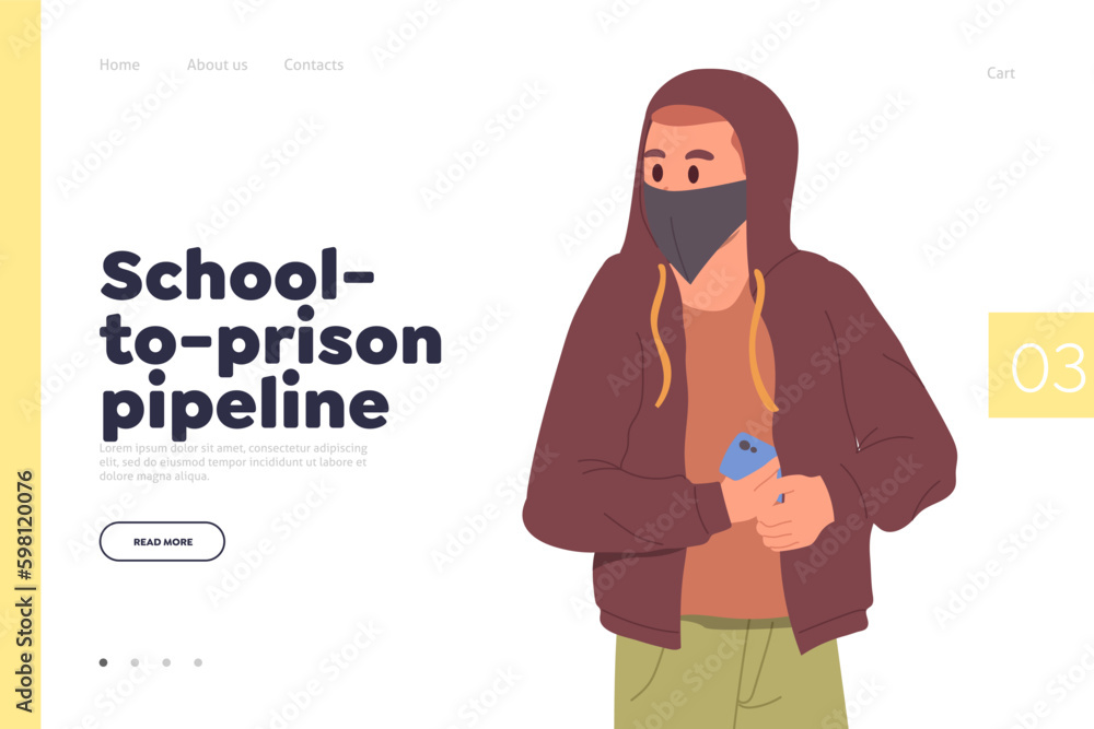 Landing page design with school-to-prison pipeline concept and young teenager bandit character Generative AI