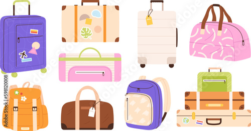 Suitcases and bags. Packing suitcase, isolated travel trendy bag and backpack. Leisure or trip, traveller pack luggage in trip, racy vector clipart