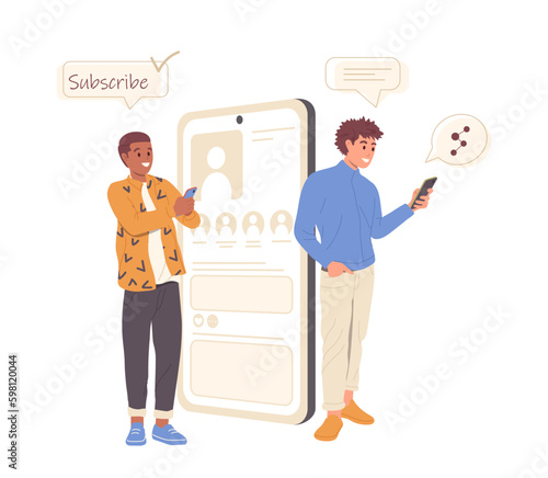 Two young man characters using smartphone to surf on internet and chatting in social media Generative AI
