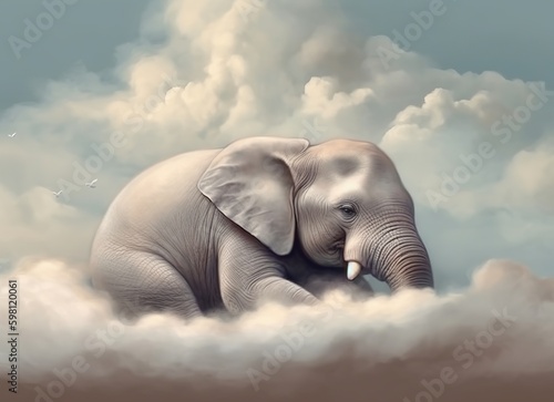 Cute Elephant sleeps on the cloud. Generative AI  