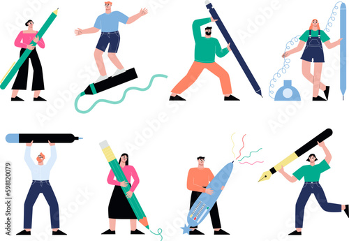 People with large pencil pen and marker. Giant pencils and tiny person. Office business characters, writing plans or blogging sapid vector set