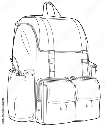 functional rain buckle backpack flat sketch vector illustration technical drawing template. cad mockup.