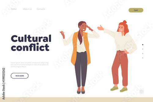 Cultural conflict concept for landing page with angry multiracial women quarrelling and shouting Generative AI