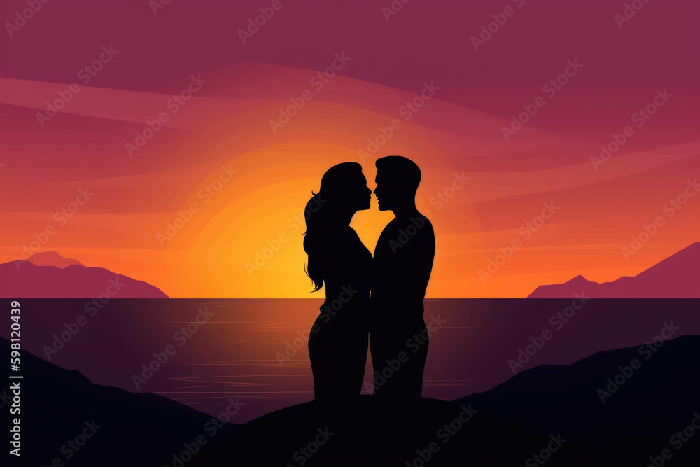 A sunset silhouette of a couple embracing while gazing at the horizon their love creating different dimensions Psychology emotions concept. AI generation. Generative AI