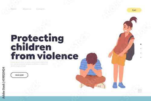 Protecting children from violence landing page with girl student harassing sad boy classmate Generative AI