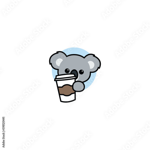 Cute koala with coffee cup cartoon, vector illustration