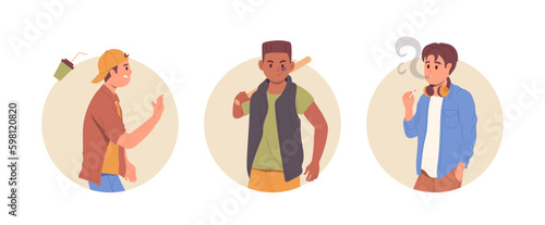 Set of round portrait frames with hooligan, street bandit and bully male teenager characters Generative AI
