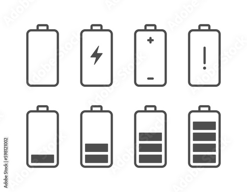 Set of battery icon. Flat mobile phone interface icon. Power, full battery symbol for mobile app, UI UX, operation system.