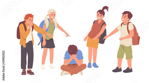 Group of school children haters with pointing finger shaming afraid victim boy character Generative AI