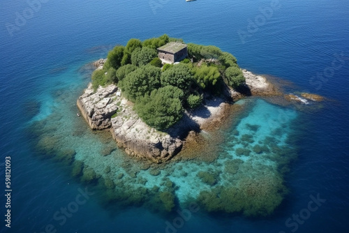 Aerial. Tropical island with one house. Generative ai.  Generative AI © Starmarpro