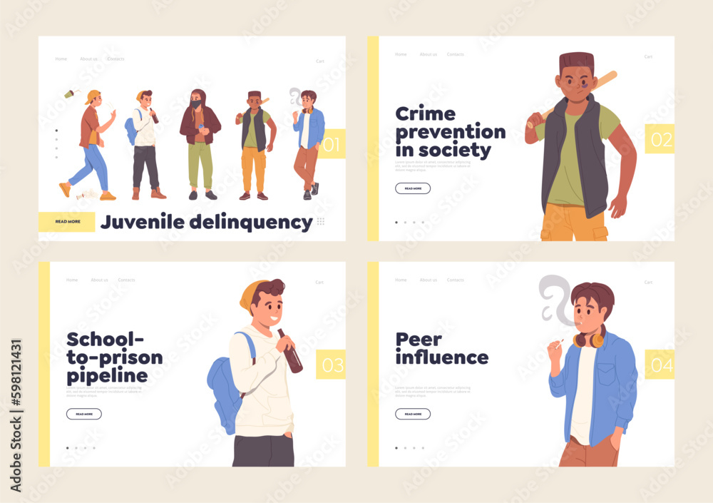 Landing page set with juvenile delinquency, teenager crime and difficulties in children education Generative AI