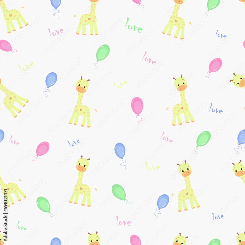 Seamless pattern with a giraffe and balloons in blue, pink, green on a white background with inscriptions love for babe Seamless pattern with a giraffe and balloons in blue, pink, green on a white background with inscriptions love for babe