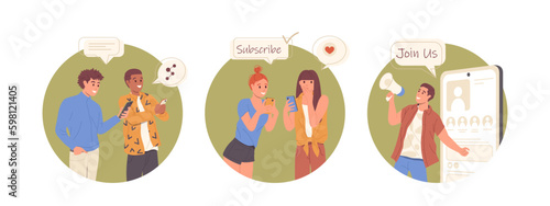 Round frame icon with social media bloggers inviting audience and subscriber into blog Generative AI