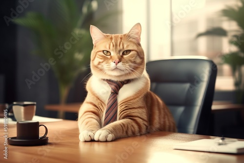 portrait of on orange cat wearing a tie seated at his desk with a mug of coffee
