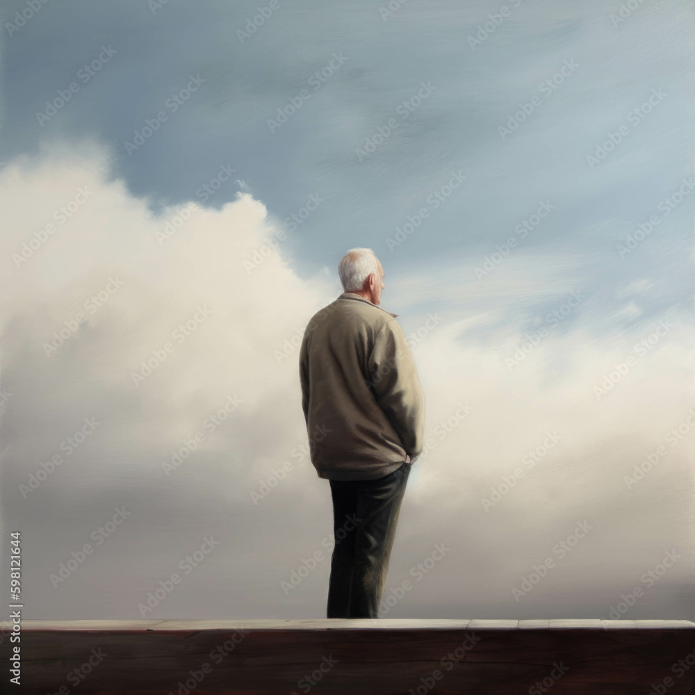 man stares into the horizon a sense of loneliness and isolation on his face as he contemplates his retirement years.. AI generation. Generative AI