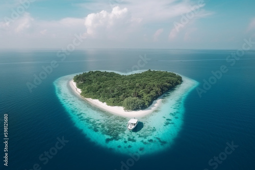 Aerial, Heart shaped island and coral reaf isolated in the open sea. Honeymoon vacation planning. Generative ai. High quality photo Generative AI