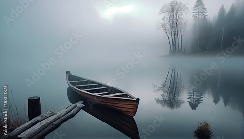 Small boat on the lake during the fog. Generative AI
