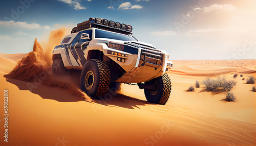 The all-terrain vehicle is in the desert. Generative AI © Daniel