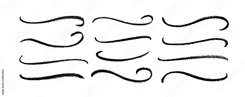 Swooshes and flourish pencil stroke vector collection. Black paint wavy lines, hand drawn curved strokes. Decirative marker strokes, swoops, waves brush marks. Modern grunge wavy lines. Swooshes and flourish pencil stroke vector collection. Black paint wavy lines, hand drawn curved strokes. Decirative marker strokes, swoops, waves brush marks. Modern grunge wavy lines.