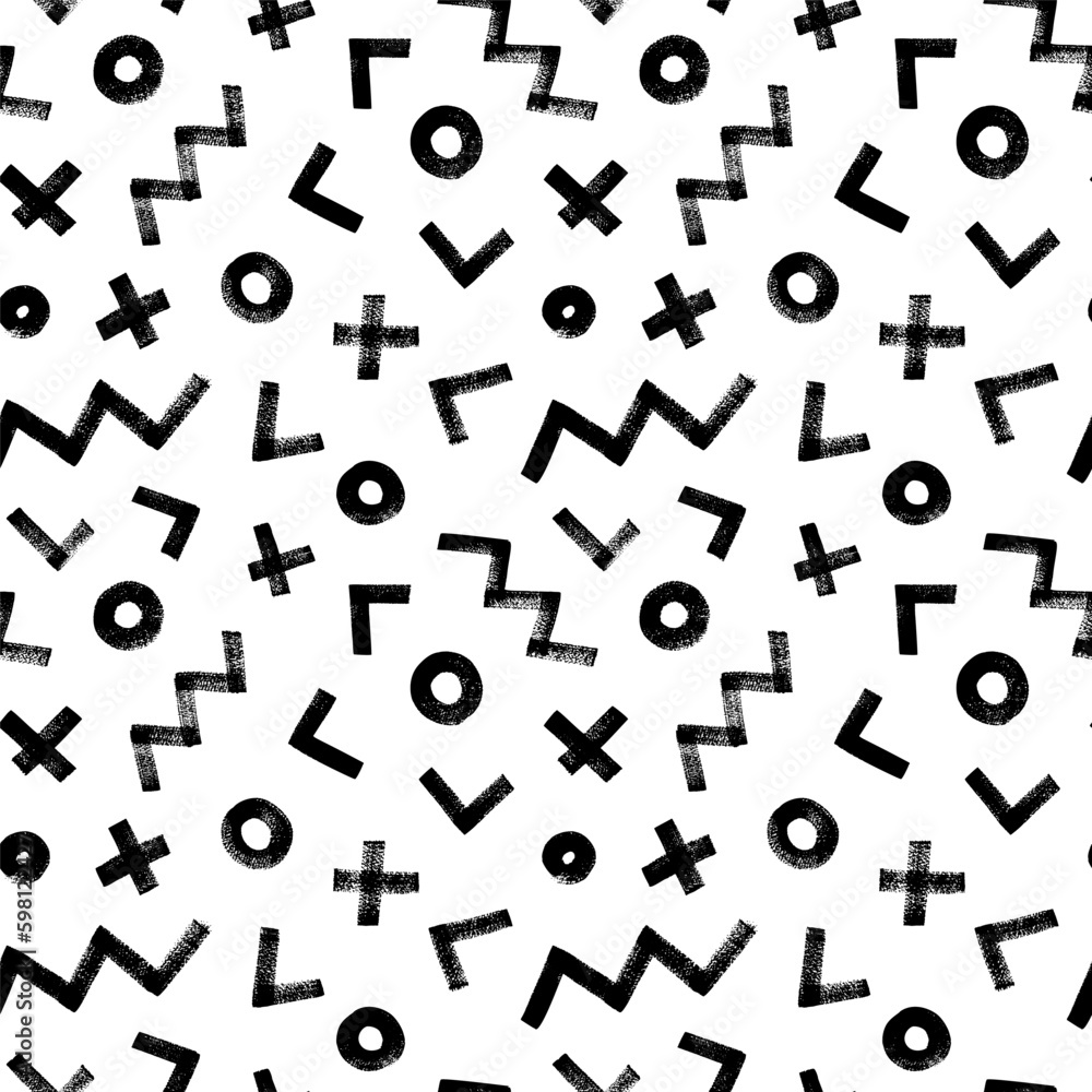 Fototapeta premium Geometric seamless pattern with bold zigzag lines, circles and crosses. Brush drawn vector grunge decorative shapes. Triangle and zigzag motif. Abstract geometric shapes with thick strokes.