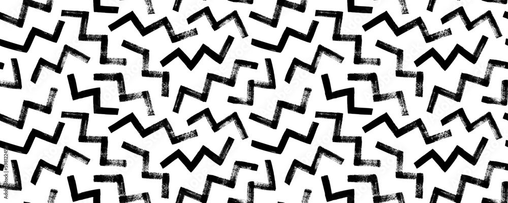 Random zigzag lines seamless pattern. Geometric banner with thick zig zag brush strokes. Abstract black on white geometric vector ornament. Thick triangular grunge strokes. - obrazy, fototapety, plakaty 