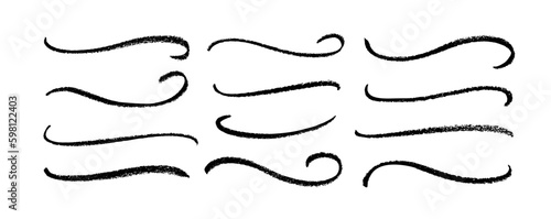 Swooshes and flourish pencil stroke vector collection. Black paint wavy lines, hand drawn curved strokes. Decirative marker strokes, swoops, waves brush marks. Modern grunge wavy lines.